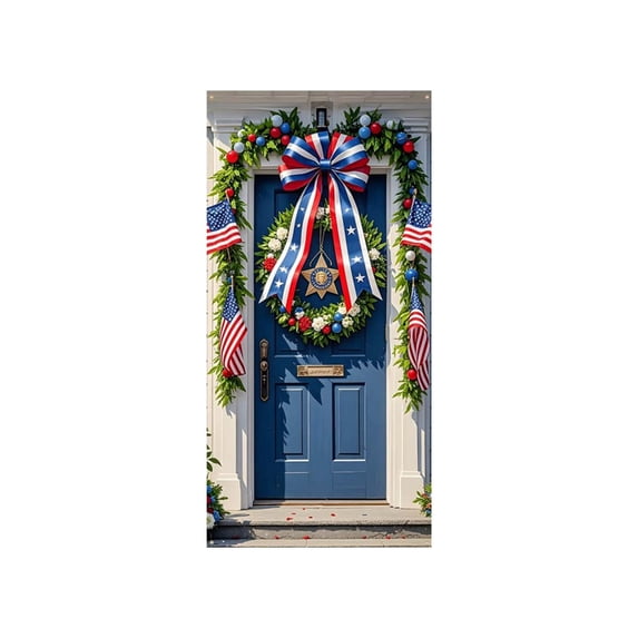 SLYNSHome 250th Anniversary Door Cover Wreath Bow Printed Patriotic Door Sign 4th of July Hanging Backdrop for Independence Day Decor