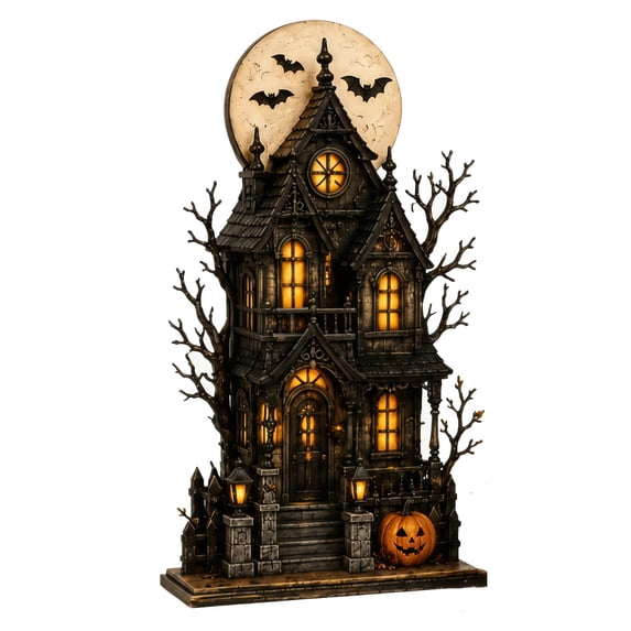 SLYNSHome 2D Flat Wooden Halloween Figurine Ornaments, Ghost Pumpkin Haunted House Stacked Decorative Plaques, Vintage Tabletop Decor For Cabinet Shelf Countertop Indoor Home Decor