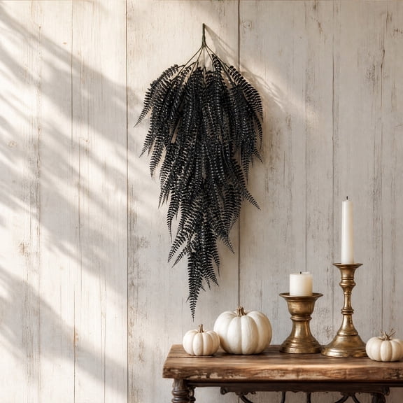 SLYNSHome 2Pcs Artificial Black Fern Hanging Vines, Realistic Faux Greenery Garlands, Rustic Style Wall Mount Plant Decor For Farmhouse, Halloween, Autumn Indoor & Porch Ornament,Black