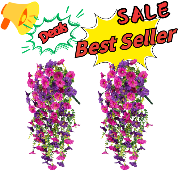 SLYNSHome 2Pcs Artificial Hanging Plants Purple Faux Flowers Vines Spring Summer Decoration Fake Silk Flower for Front Porch Balcony