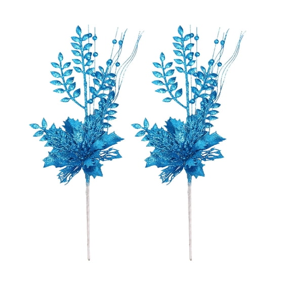 SLYNSHome 2Pcs Christmas Flower Ornaments Artificial Poinsettia Floral Picks Branches for Xmas Tree Decorations Vase Filler Holiday Wedding Party Home Decor - Blue