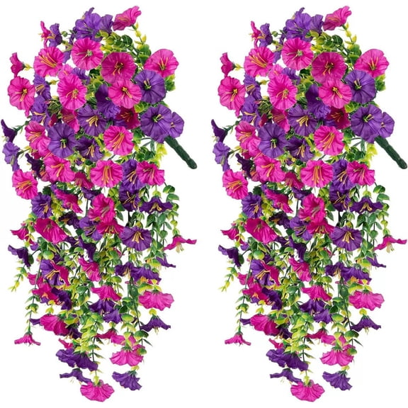 SLYNSHome 2Pcs Fake Hanging Flowers,Artificial Hanging Morning Glory Plants Violet for Wall Home Room Garden Wedding Spring Summer Decor - Light Purple
