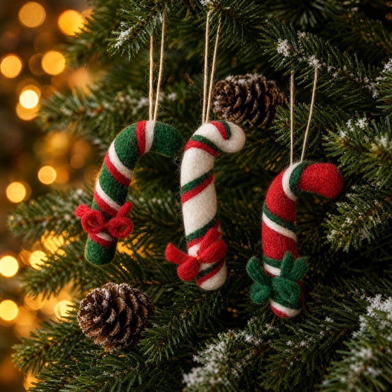 SLYNSHome 3 Pack Felt Candy Cane Hanging Ornaments For Christmas Tree,Striped Candy Cane Pendant With Bow Decor For Mantel Indoor Winter Holiday Home Party Atmosphere Decoration