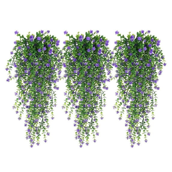 SLYNSHome 3Pcs Hanging Artificial Flowers,Fake Silk Chlorophytum Flower Arrangement for Outdoor Garden Yard Pouch Patio Indoor Home Decoration - Purple