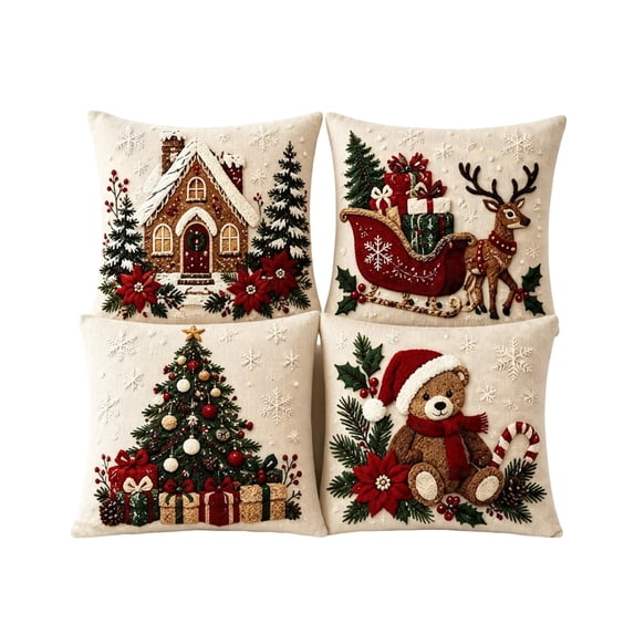 SLYNSHome 4 Pack Christmas Throw Pillow Covers, Embossed Santa Reindeer Tree Cushion Cases, Decorative Holiday Pillow Slipcovers for Sofa Couch Home Xmas Decor