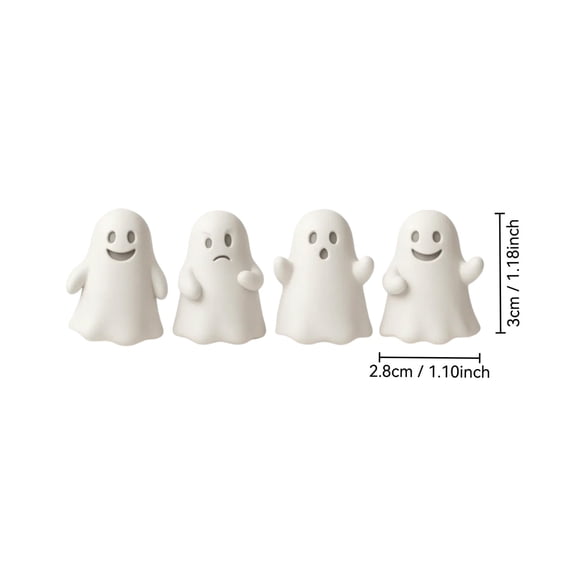 SLYNSHome 4 Pack Mini Ghost Figurines, Resin Halloween Statues with Different Expressions, Spooky Desktop Tabletop Decor for Tiered Tray, Small Holiday Home Party Ornament