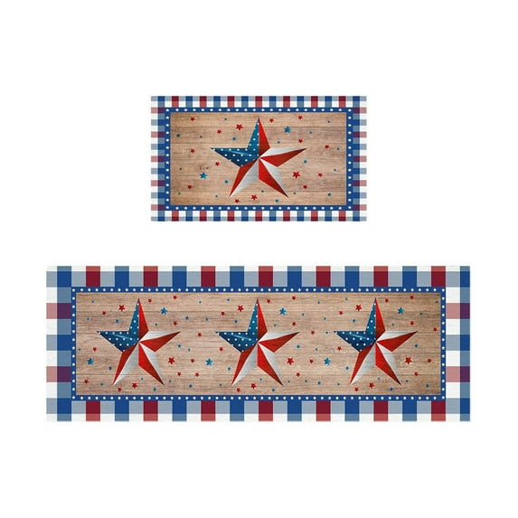 SLYNSHome 4th of July Kitchen Rugs Set of 2,Patriotic America Stars Absorbent Runner Non Slip Rugs for Floor Blue White Red Floor Door Mat Home Decor