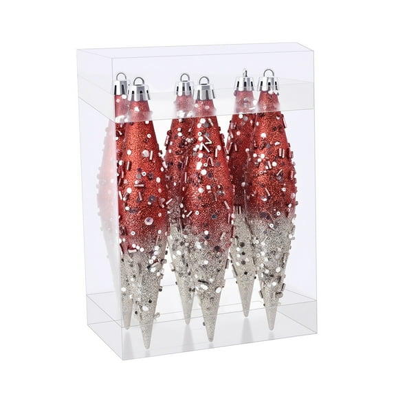 SLYNSHome 6Pcs Christmas Icicle Ornaments for Christmas Trees,Hanging Glitter Christmas Tree Icicle Drop Ornament for Xmas Winter Wonderland Party Supplies - Red