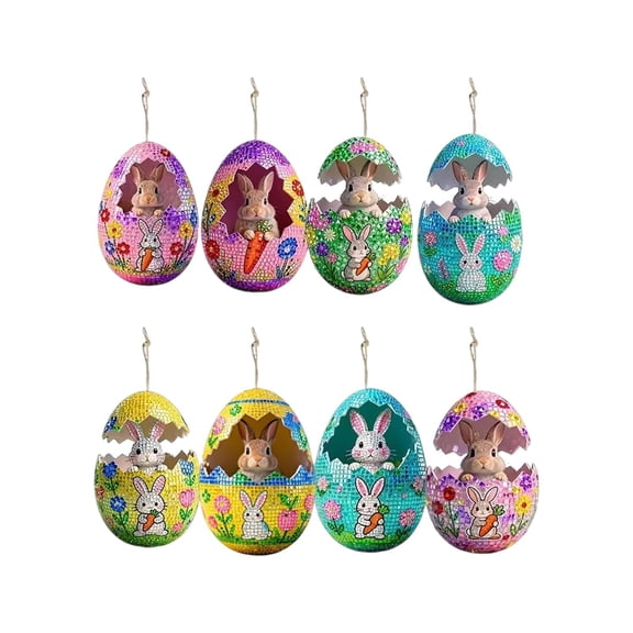 SLYNSHome 8 Pcs Easter Eggs Ornaments Vintage Glitter 2D Flat Rabbit Eggs Hanging Ornament with Rope Retro Easter Decor
