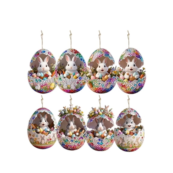 SLYNSHome 8Pcs Easter Eggs Rabbit Decorations Glitter Wood Egg Hanging Ornaments DIY Crafts Mini Rhinestones Rabbit Pendants for Easter