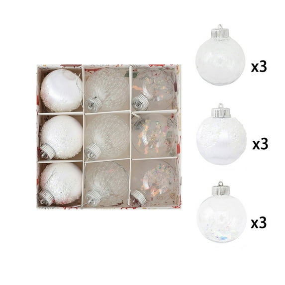 SLYNSHome 9Pcs Clear Christmas Ball Ornaments Holiday Decorations,Glitter Christmas Tree Balls Shatterproof Baubles Pendant for Wedding Party Supplies - White
