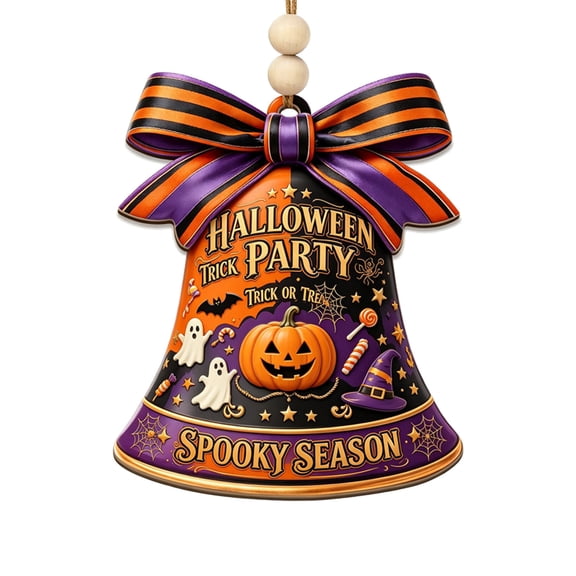 SLYNSHome Acrylic Bell Shaped Hanging Ornament With Striped Bow, Pumpkin And Ghost Pattern Pendant, Front Door Wall Hanging Decor For Halloween Party Home Festival Decoration