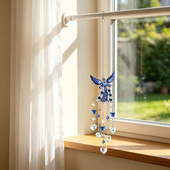 SLYNSHome Angel Crystal Suncatcher Hanging Ornament,Blue Heart Prism Light Catcher Pendant, Colorful Beaded Window Hanging Decor For Garden Patio Indoor Home Decor