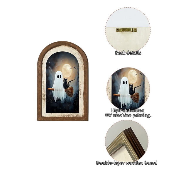 SLYNSHome Arch Frame Ghost Wooden Table Sign,Vintage Wood Plaque Wall Hanging Decor For Mantel Shelf Indoor Fall Halloween Farmhouse Spooky Haunted House Holiday Ornament
