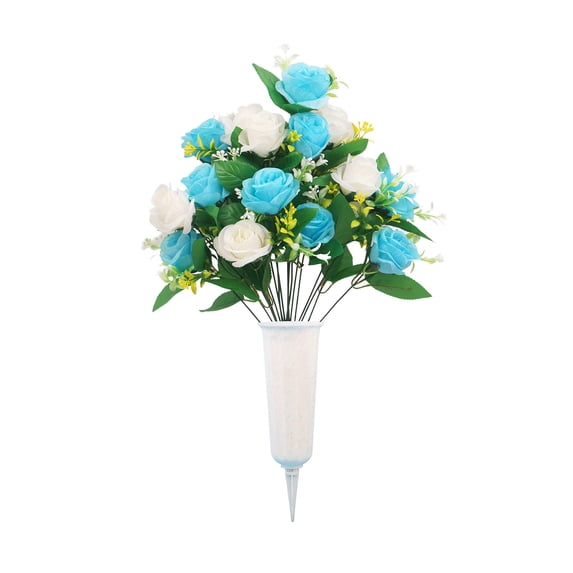 SLYNSHome Artificial Cemetery Rose Bouquet With Vase, Grave Flowers, Light Blue White Memorial Floral Arrangement For Outdoor Cemetery Decoration