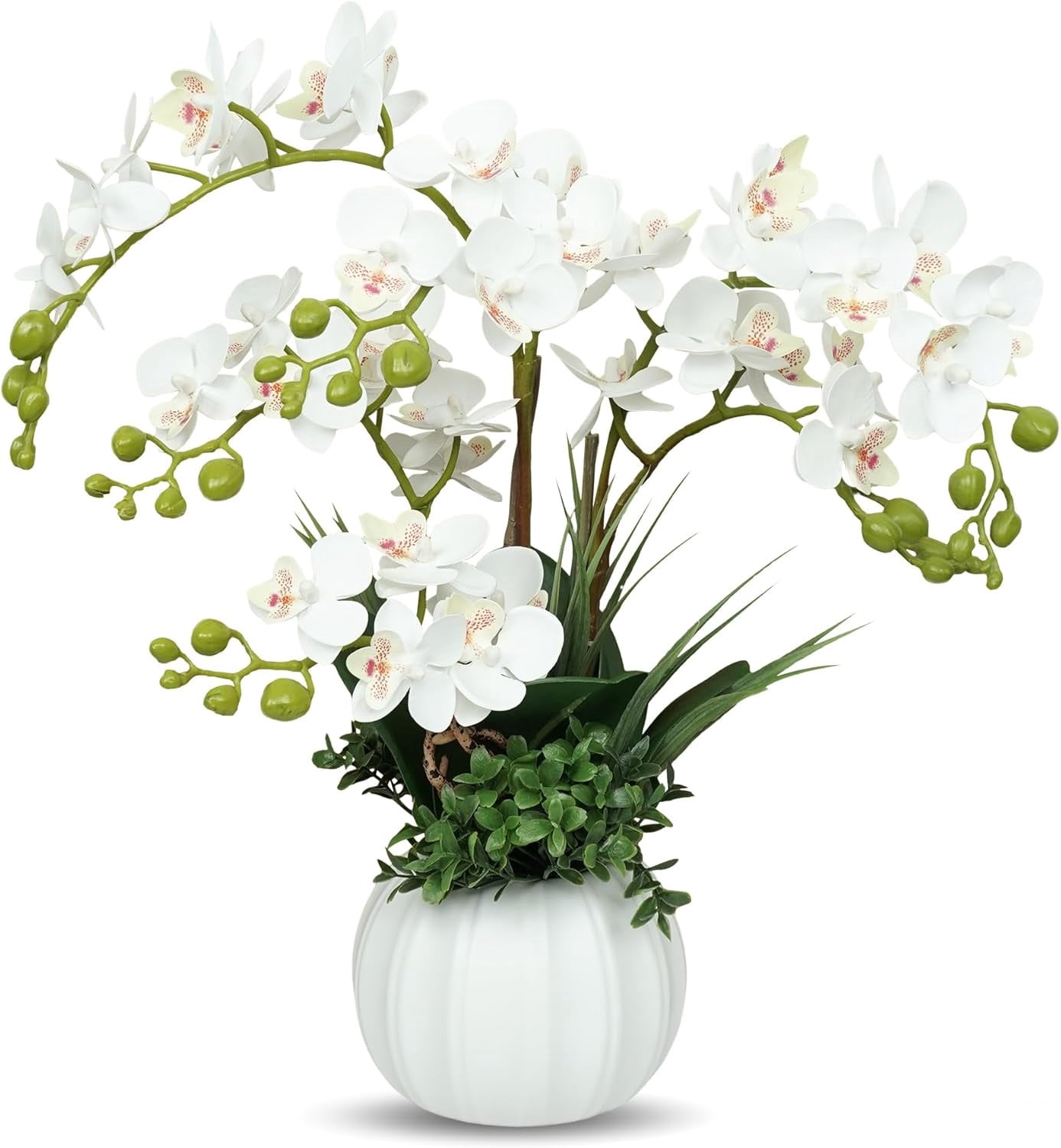 SLYNSHome Artificial Orchid Flowers With Pot, White Realistic Fake Orchid Plant, Faux Flower Arrangement For Living Room Bedroom Kitchen Table Indoor Home Decor