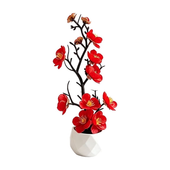 SLYNSHome Artificial Plum Blossom Potted Plant,Red Silk Flower Bonsai With Pot, Decorative Faux Flower Arrangement For Living Room Office Tabletop Indoor Home Decor