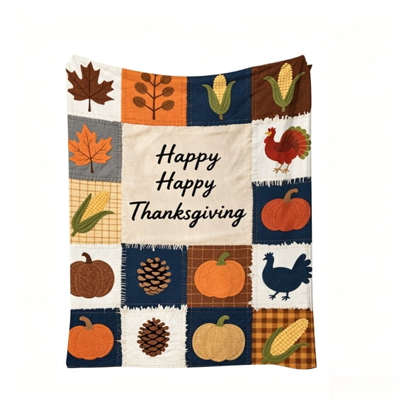 SLYNSHome Autumn Throw Blanket,Quilted Pumpkin Leaf Print Blanket,Brown Patchwork Soft Lightweight Warm Couch Cover for Sofa Bed Camping Thanksgiving Home Decor,70x100 cm