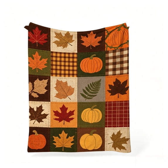 SLYNSHome Autumn Throw Blanket,Quilted Pumpkin Leaf Print Blanket,Red Patchwork Soft Lightweight Warm Couch Cover for Sofa Bed Camping Thanksgiving Home Decor,70x100 cm