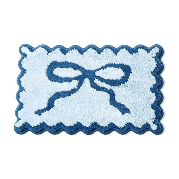 SLYNSHome Bow Bath Mat, 40x60 cm Scalloped Edge Floor Rug,Blue Soft Absorbent Microfiber Non Slip Carpet for Bathroom Bedroom Home Decor