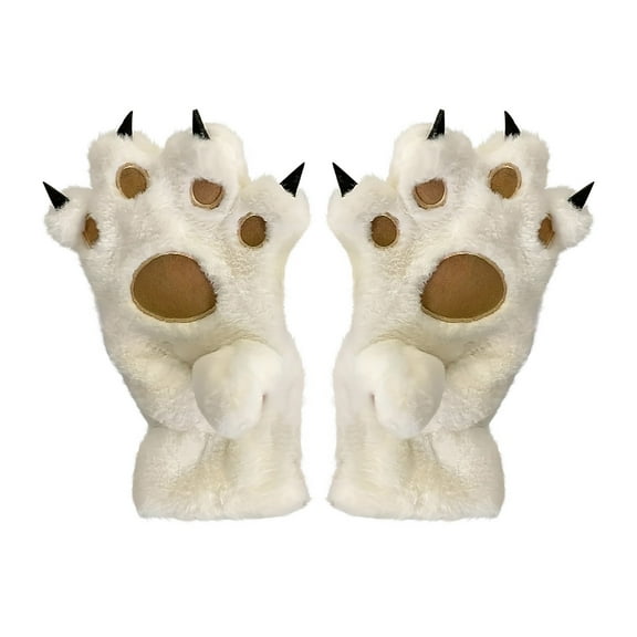 SLYNSHome Cat Paws GlovesWinter Warm Cozy Animal Full Fingers Glove Winter Plush Mittens - White