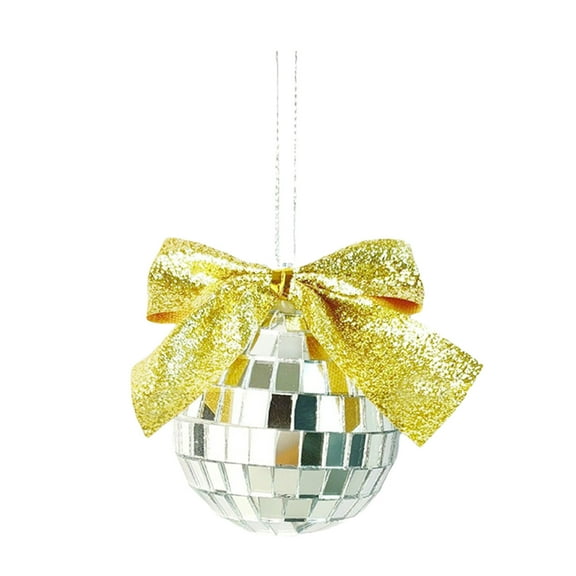 SLYNSHome Christmas Balls Ornament,Hanging Silver Disco Mirror Ball with Bow for Party Decoration - Yellow