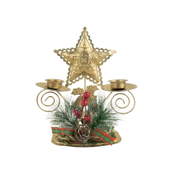 SLYNSHome Christmas Candlestick Holders Decorations,Vintage Taper Candle Hold with Berry & Pine,Metal Candle Tray for Table Centerpiece Mantel Wedding Party Supplies