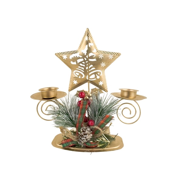 SLYNSHome Christmas Candlestick Holders Vintage Taper Candle Hold with Berry & Pine,Metal Candle Tray for Table Centerpiece Mantel Wedding Party Decor
