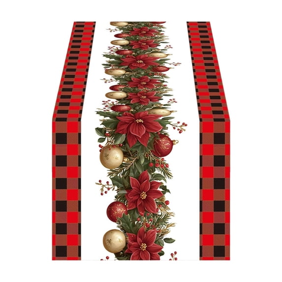 SLYNSHome Christmas Poinsettia Table Runner, Red Black Plaid Border Table Flag, Winter Holiday Tablecloth for Dining Room Kitchen Home Party Decor