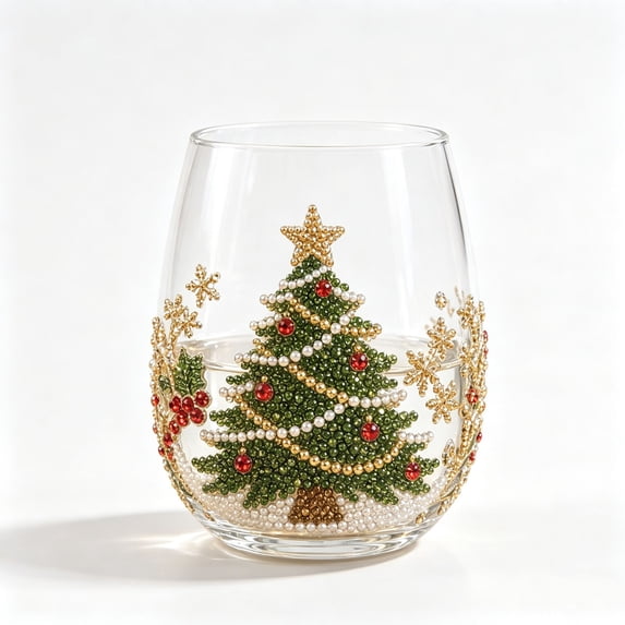 SLYNSHome Christmas Stemless Wine Glasses, Festive Holiday Tumbler Cups for Xmas Parties and Home Decor, 15oz Glassware Gift Set