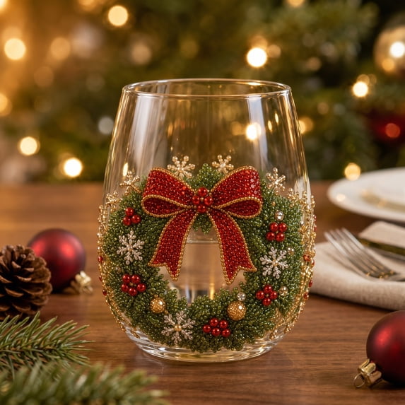 SLYNSHome Christmas Stemless Wine Glasses, Festive Holiday Tumbler Cups for Xmas Parties and Home Decor, 15oz Glassware Gift Set