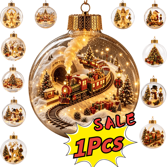 SLYNSHome Christmas Story Clear Ornament Ball Light-Up Mini Train Scene Glowing 10cm Hanging Warm LED Glow For Holiday Home Decor