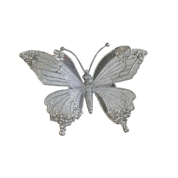 SLYNSHome Christmas Tree Butterfly Ornaments,Glitter Butterfly Decorations for Xmas Tree Xmas Wreath Butterflies with Clips for Holiday Decor - Silver