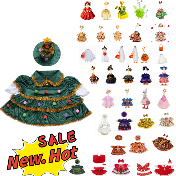 SLYNSHome Christmas Tree Goose Dress With Star Hat For 23 Inch Statue, Green Velvet Tiered Costume With Gold Trim, Outdoor Garden Yard Porch Decor