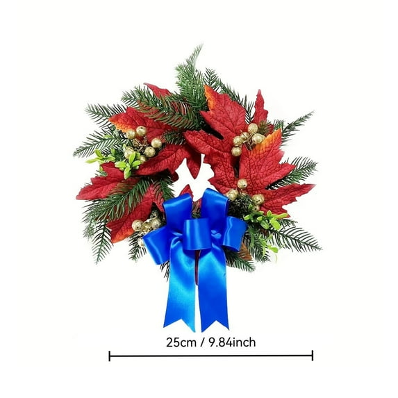 SLYNSHome Christmas Wreaths for Front Door,Fall Maple Leaves Wreaths with Blue Bow Ornament Garland for Holiday Home Party Decorations
