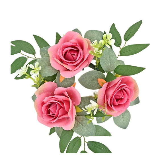 SLYNSHome - 10 Rose - Valentine's Day Rose Candle Ring Table Decoration - 10.6 inch - Artificial Flower Mini Wreath for Table Centerpiece Wedding Dinner Party Decor (Hot Pink)