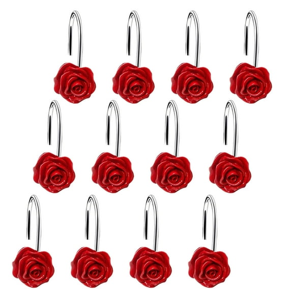 SLYNSHome 12 Pcs Shower Curtain Hooks Rose Design for Home Decoration Anti Rust Shower Curtain Rings Hooks Bathroom Accessories (Red)