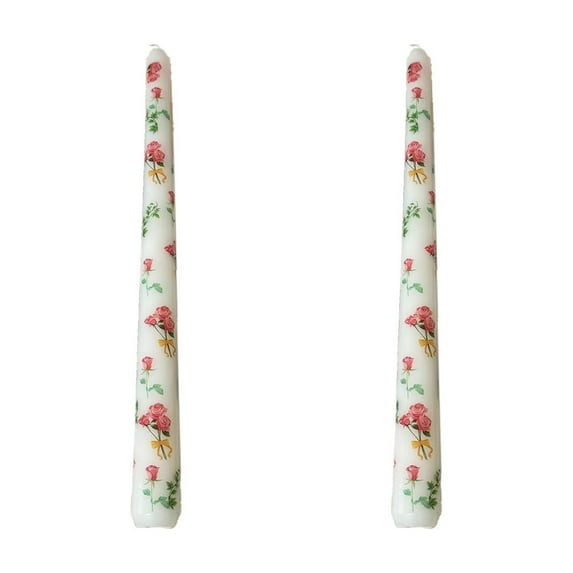 SLYNSHome 2 Pcs Taper Candles Colored 9.8 inch Long Thread Candle Rose Printed Tall Candlesticks for Weddings Dinner Parties Home Decor (White)