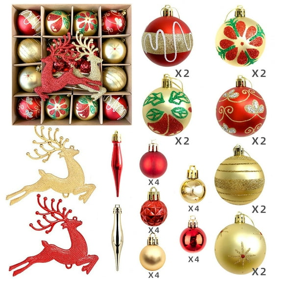 SLYNSHome 36Pcs Christmas Ball Ornaments for Tree,Shatterproof Glitter Christmas Balls Hanging Xmas Balls Baubles Pendant for Xmas Trees Wedding Party Holiday Decorations(Gold Red)