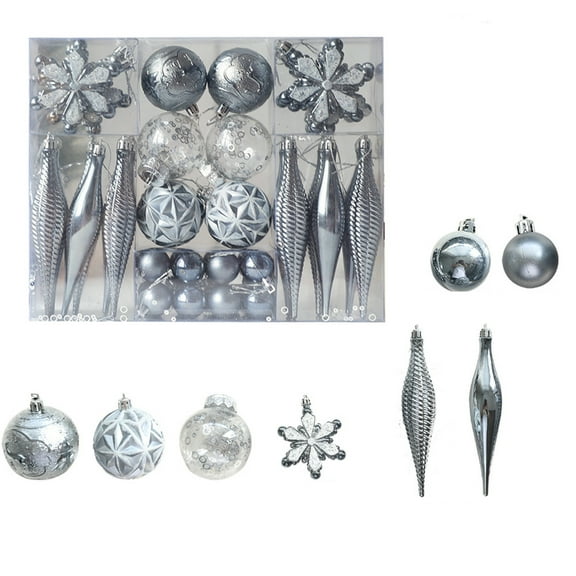 SLYNSHome 40Pcs Christmas Hanging Ornaments,Shatterproof Glitter Painted Alien Christmas Balls Hanging Baubles Balls Pendant for Holiday Party Wedding Xmas Decoration (1.1~6.3Inch,Silver)