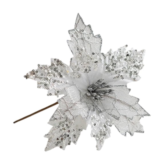 SLYNSHome - 7.8 inch - Poinsettia Artificial Christmas Flowers Decorations - Glitter - Xmas Tree Flower Ornaments (Gray)