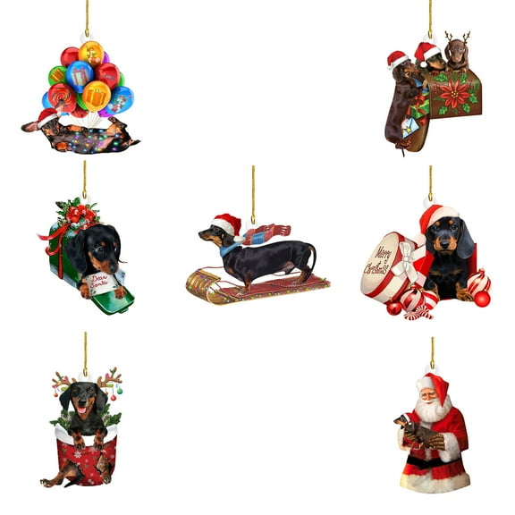 SLYNSHome 7 Pcs Christmas Dachshund Dog Decor for Tree,Hanging Double Side Dachshund Dog for Pine Tree Ornaments for Home Car Party and as Xmas Gift to Friend