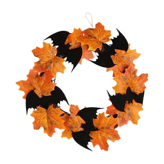 SLYNSHome 9.8 Inch Halloween Wreaths for Front Door,Fall Leaf and Bats Wreaths Decoration for Halloween Farmhouse Party Indoor Outdoor Home Decor Hallowmas Supplies