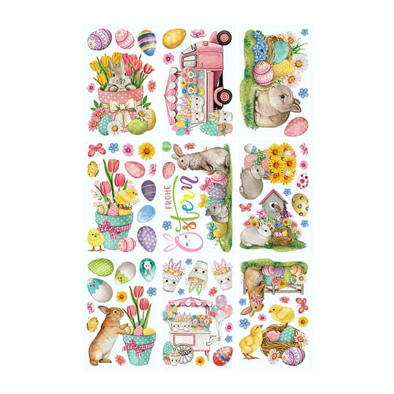 SLYNSHome - 9 Sheets - Easter Window Clings Cute Rabbit Wall Stickers Bunny & Eggs Flowers Wall Decals Peel and Stick for Home Party Nursery Window Door Decoration