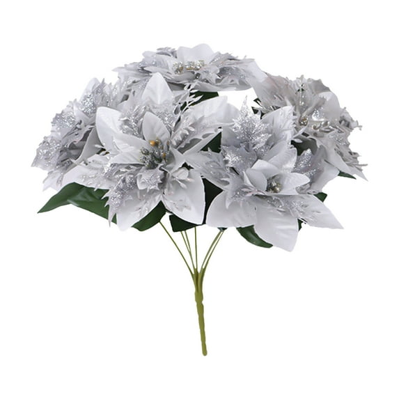 SLYNSHome Artificial Flowers Bouquet for Christmas Decoration - 12.5 inch - 7 Fork - Simulation Fake Silk Glitter Poinsettia for Table Centerpiece Arrangement (Sliver)