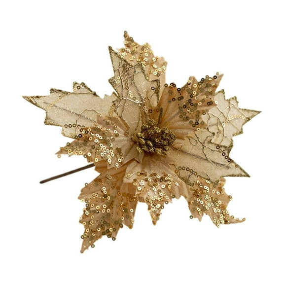 SLYNSHome Christmas Artificial Flowers Poinsettia - 9.8 inch - Glitter - Fade Resistant - Simulation Fake Xmas Flower Faux Floral for Home Tree Decoration (Gold)