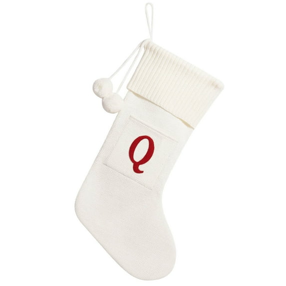 SLYNSHome Christmas Stockings,16.5Inch Mini Knitted Xmas Letters Stockings Ornaments Christmas Hanging Candy Gift Stockings Bag for Family Holiday Christmas Party Decorations (White,Q)