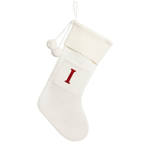 SLYNSHome Christmas Stockings,16.5Inch Mini Knitted Xmas Letters Stockings Ornaments Christmas Hanging Candy Gift Stockings Bag for Family Holiday Christmas Party Decorations (White,I)
