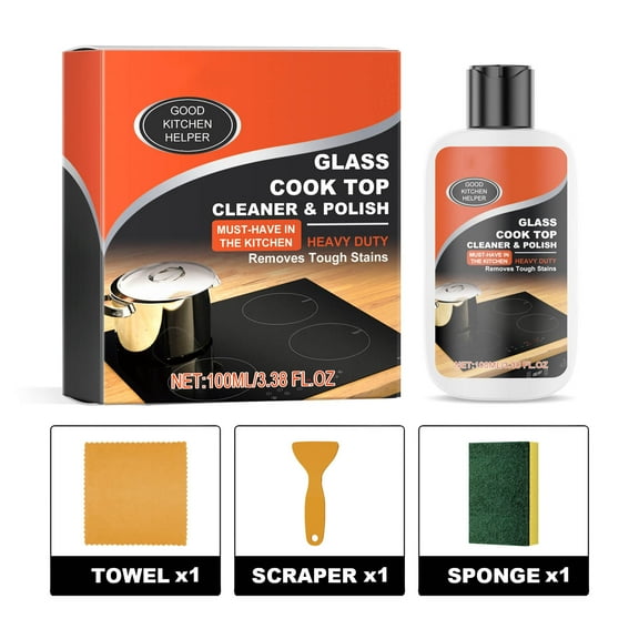 SLYNSHome Cooktop Cleaner Kit Stove Top Cleaning Set Glass Cook Top Cleaner and Polish with Scraper,Cloth,Spong - 3.38 oz - Kitchen Gadget