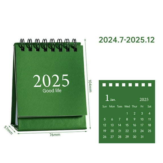 SLYNSHome Desk 2025 Calendar,Tabletop Mini Calendar - July 2024 to Dec 2025 - 3x4 inch - for Home School and Office (Green)
